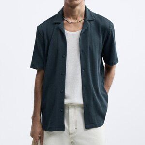 Zara Geometric Jacquard Button Front Shirt Teal (Large) coastal preppy